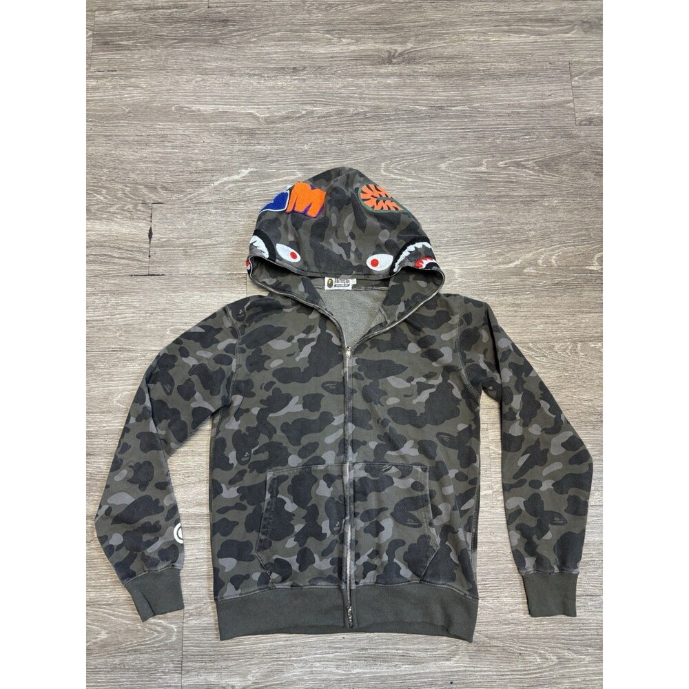 Bape a Bathing Ape Camo Shark Full Zip Hoodie Black, WGM, Size Large